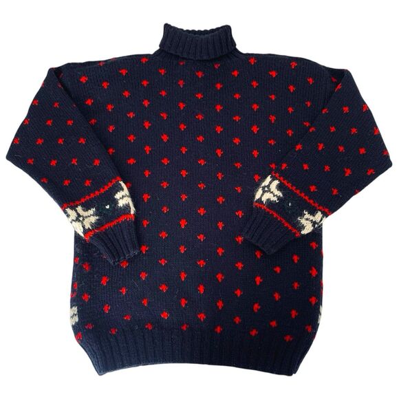 VTG 90s Sweater Women L Navy Red White Wool Blend Snowflake Reindeer Christmas - Picture 2 of 10